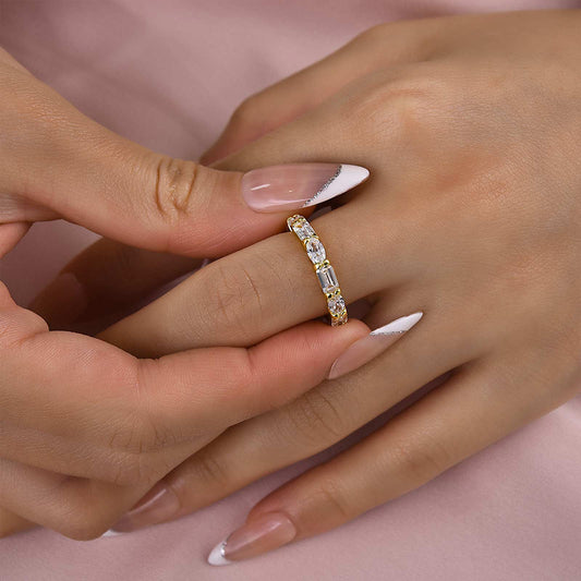 925 Silver Two-Tone Emerald & Oval Cut Diamond Wedding Band