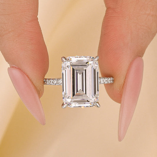 10Ct Emerald Cut Engagement Ring - Hidden Halo Sterling Silver