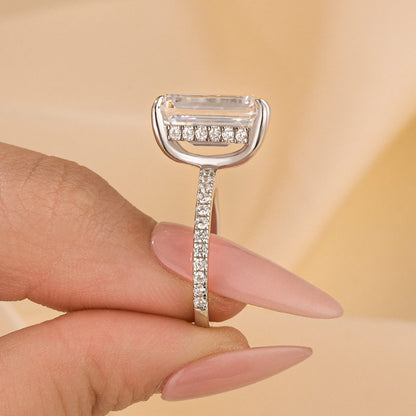 10Ct Emerald Cut Engagement Ring - Hidden Halo Sterling Silver