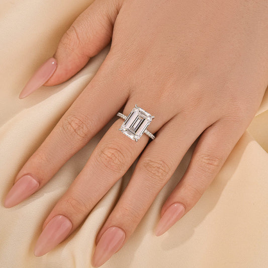 10Ct Emerald Cut Engagement Ring - Hidden Halo Sterling Silver