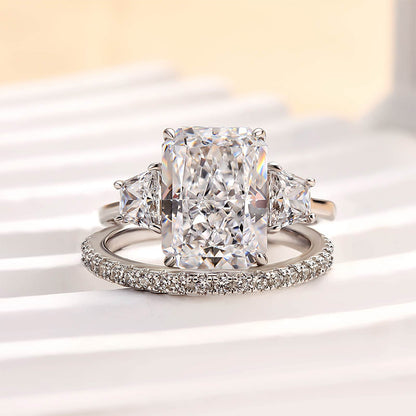 925 Sterling Silver 18K White Gold Plated 11mm Radiant Cut Three Stone Wedding Ring