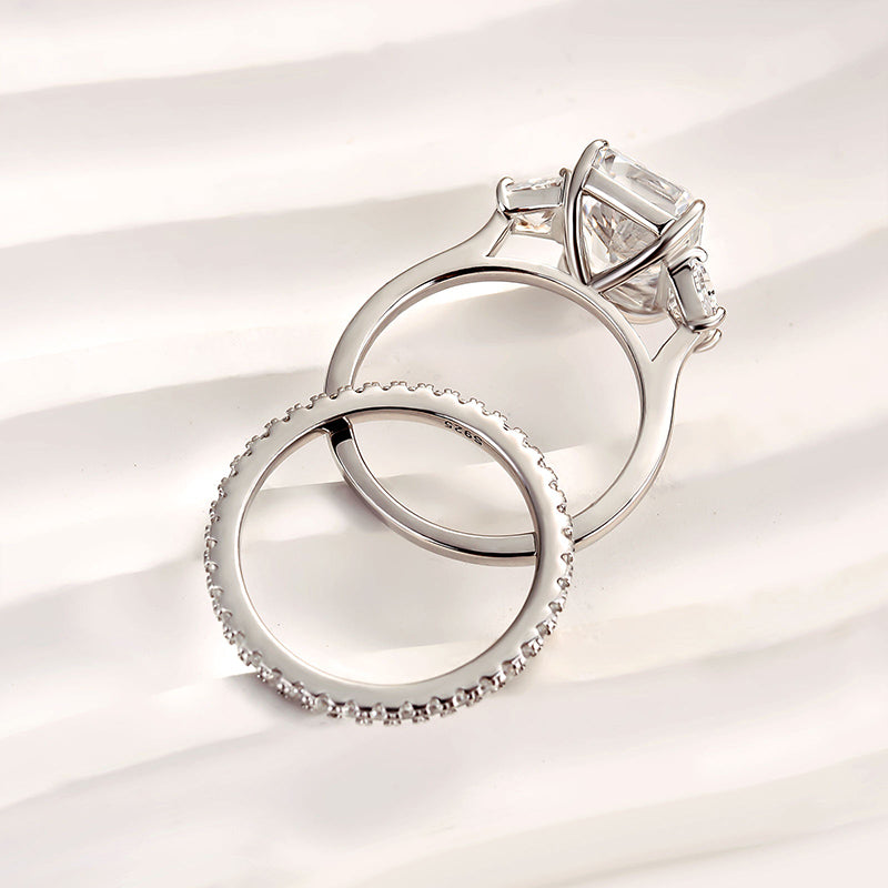 925 Sterling Silver 18K White Gold Plated 11mm Radiant Cut Three Stone Wedding Ring