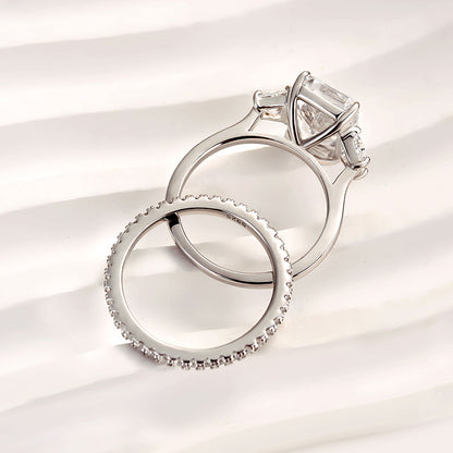 925 Sterling Silver 18K White Gold Plated 11mm Radiant Cut Three Stone Wedding Ring