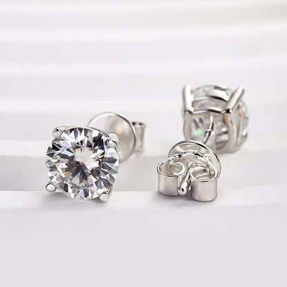 Round Moissanite Earrings in Rhodium-Plated Sterling Silver