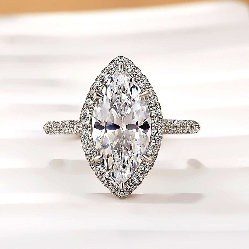 3Ct Marquise Halo Engagement Ring - 18K White Gold Plated