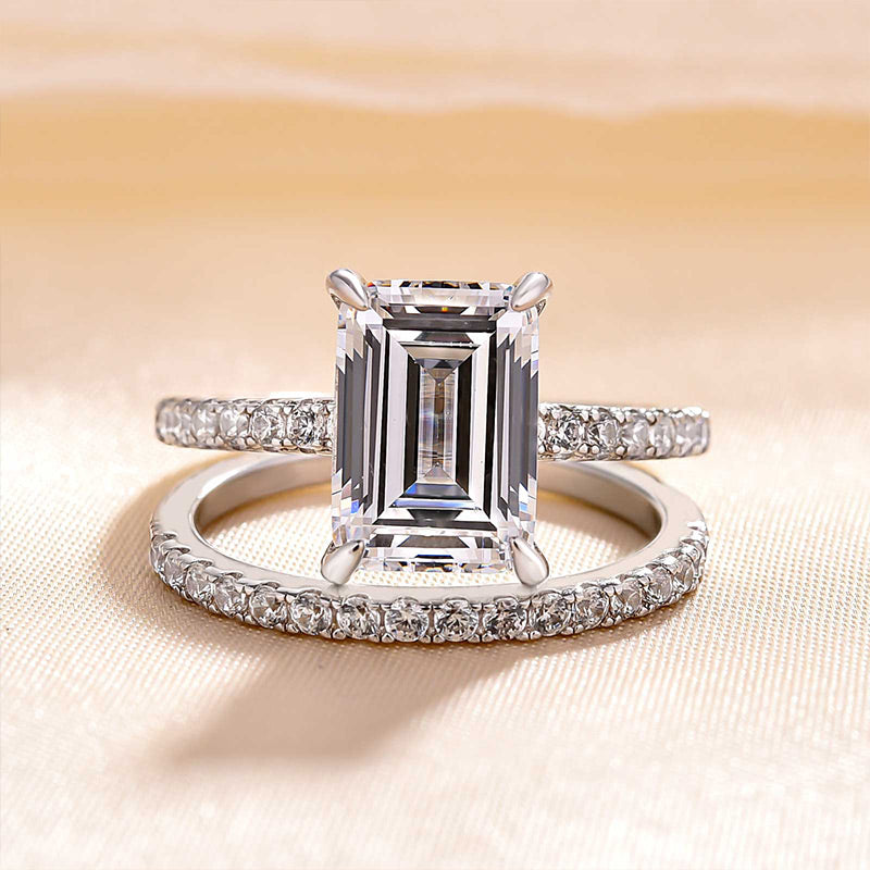 Elegant 925 Silver Emerald Cut White Sapphire Bridal Ring Set