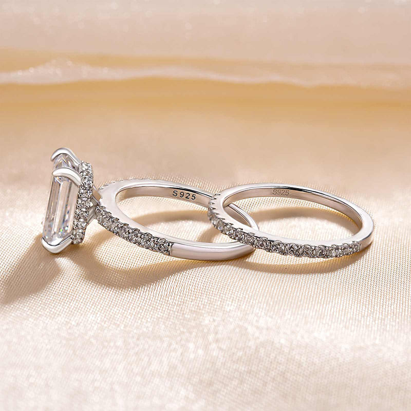 Elegant 925 Silver Emerald Cut White Sapphire Bridal Ring Set