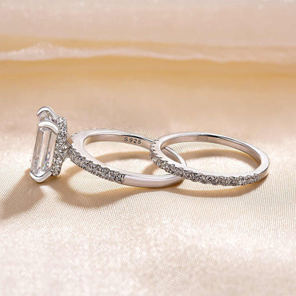 Elegant 925 Silver Emerald Cut White Sapphire Bridal Ring Set