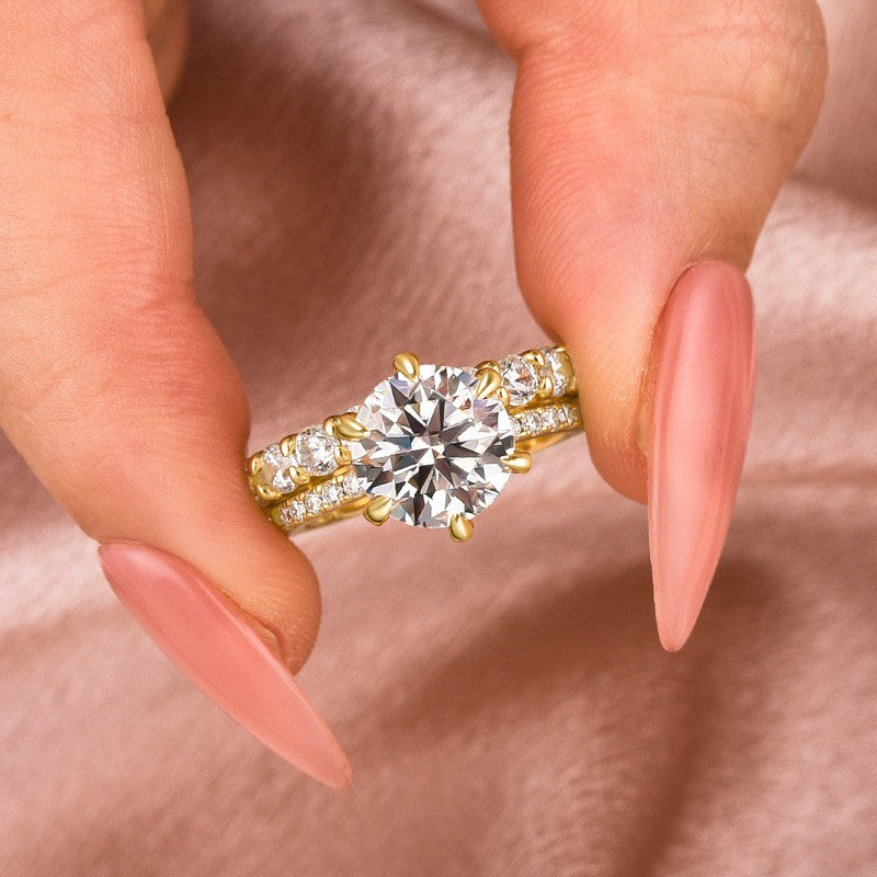 2Ct Round Moissanite Yellow Gold Ring Set