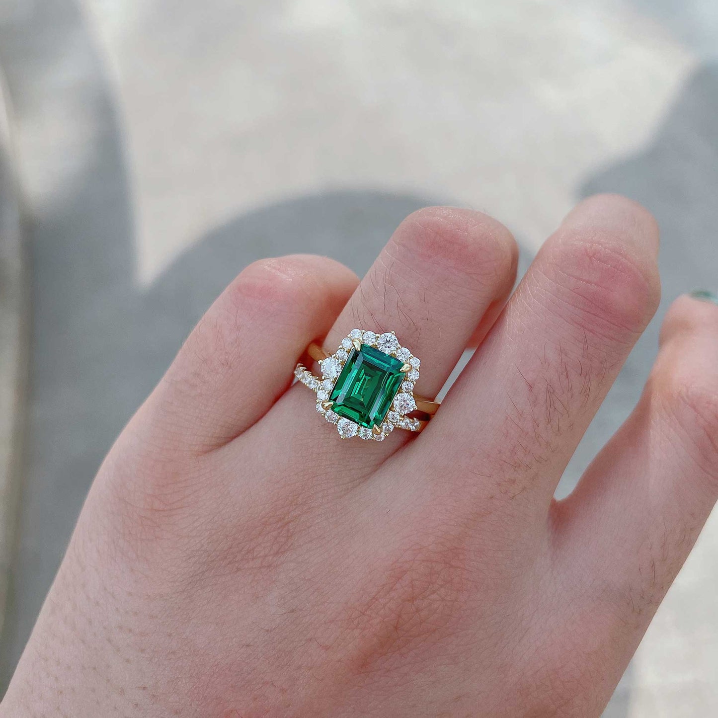 925 Sterling Silver 18K Yellow Gold Plated 3 Carat Emerald Cut Green Gemstone Ring