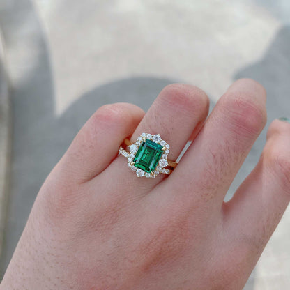 925 Sterling Silver 18K Yellow Gold Plated 3 Carat Emerald Cut Green Gemstone Ring