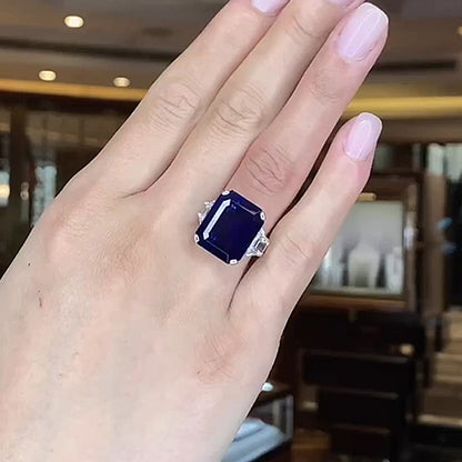 7.5Ct Blue Sapphire Emerald Cut Three Stone Ring