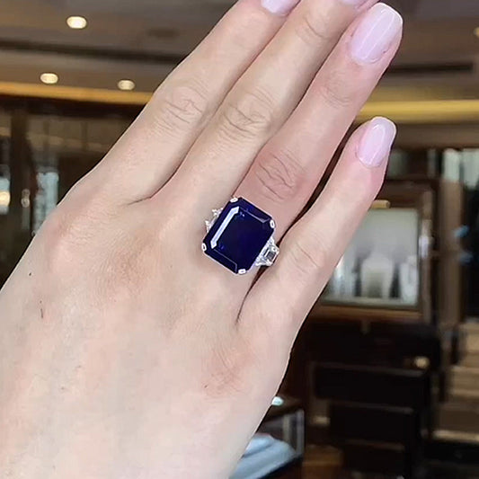 7.5Ct Blue Sapphire Emerald Cut Three Stone Ring