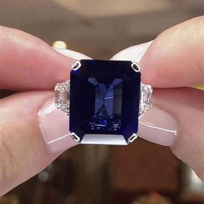 7.5Ct Blue Sapphire Emerald Cut Three Stone Ring