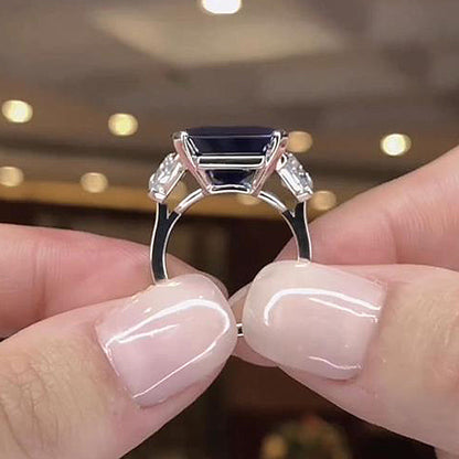7.5Ct Blue Sapphire Emerald Cut Three Stone Ring