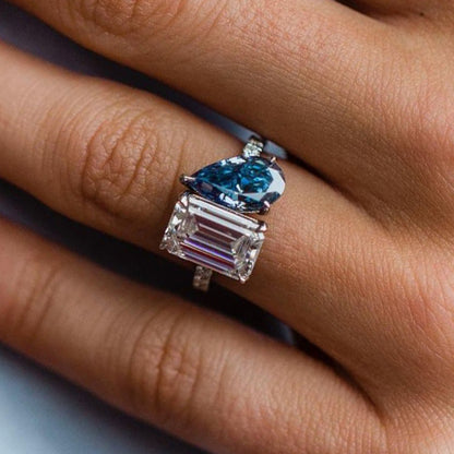 Toi et Moi 3.5ct Emerald & 2ct Pear Cut Sona Diamond Ring
