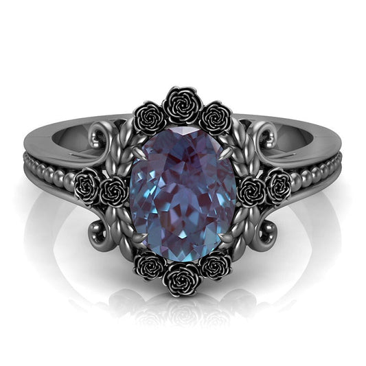 Oval Cut Alexandrite Engagement Ring Black Gold Plated