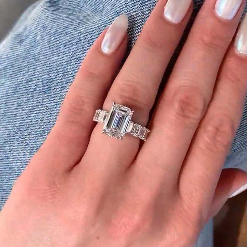 925 Sterling Silver 18K White Gold Plated 7 Carat Emerald Cut Diamond Ring