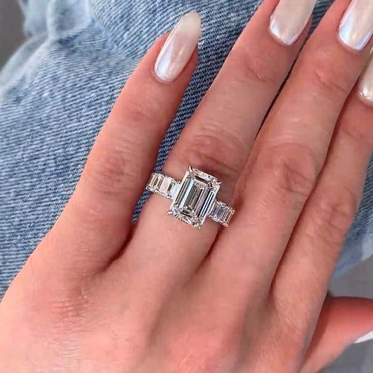925 Sterling Silver 18K White Gold Plated 7 Carat Emerald Cut Diamond Ring