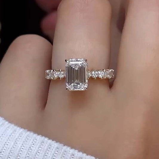 3.5Ct Emerald Cut G Color Diamond Ring 925 Silver Yellow Gold