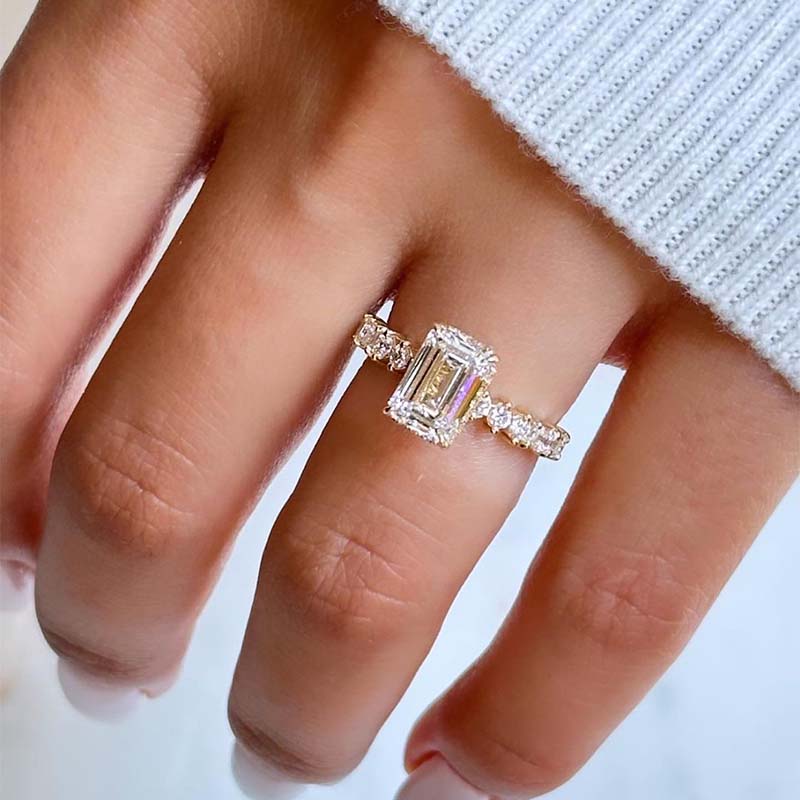 3.5Ct Emerald Cut G Color Diamond Ring 925 Silver Yellow Gold