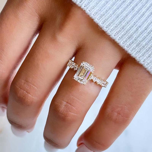 3.5Ct Emerald Cut G Color Diamond Ring 925 Silver Yellow Gold