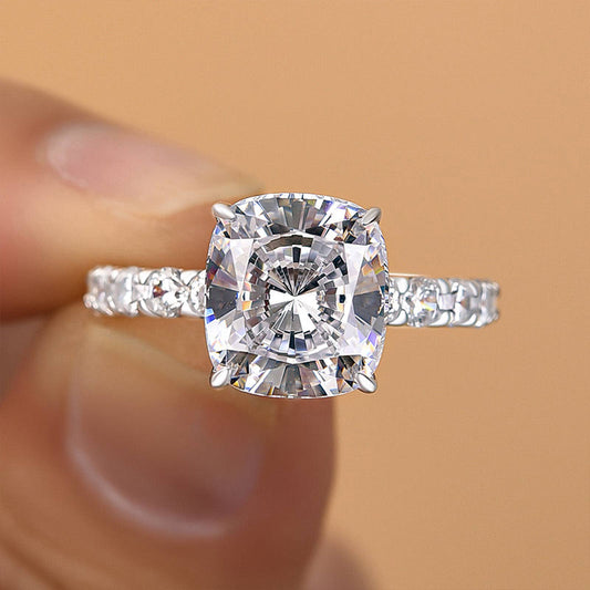 Sterling Silver Cushion Cut Sona Diamond Ring with Round Side Stones