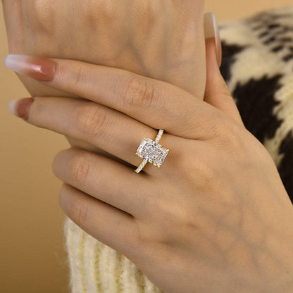 Sterling Silver Radiant Cut Sona Diamond Ring in Yellow Gold