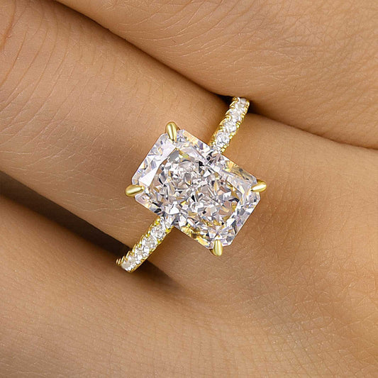 Sterling Silver Radiant Cut Sona Diamond Ring in Yellow Gold