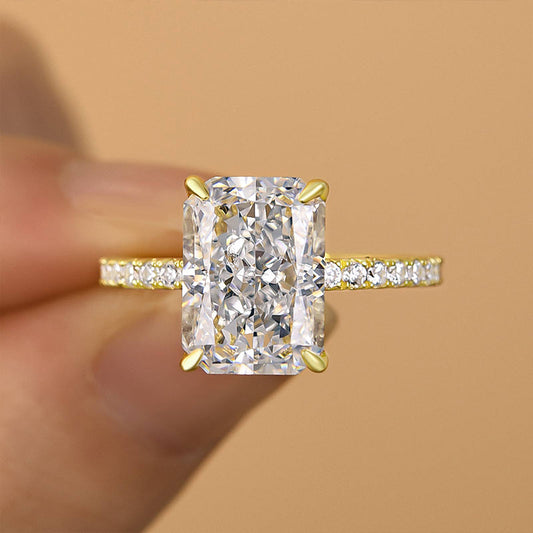 Sterling Silver Radiant Cut Sona Diamond Ring in Yellow Gold