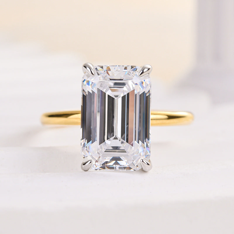 5Ct Emerald Cut Two-Tone Ring 925 Silver White/Yellow Gold