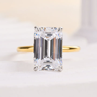5Ct Emerald Cut Two-Tone Ring 925 Silver White/Yellow Gold