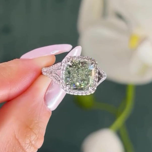 Vintage Green Cushion Cut Engagement Ring Sterling Silver