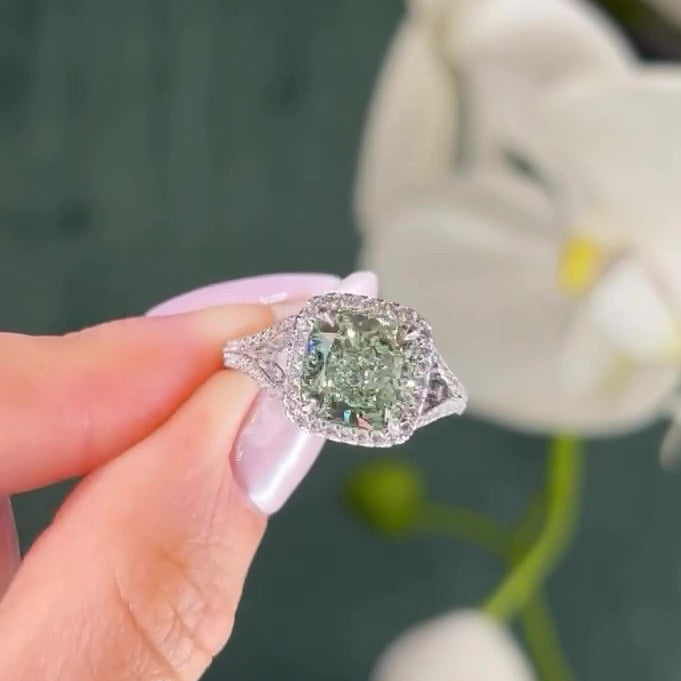 Vintage Green Cushion Cut Engagement Ring Sterling Silver