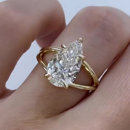 925 Sterling Silver 18K Yellow Gold Plated 5ct Pear Cut Diamond Ring