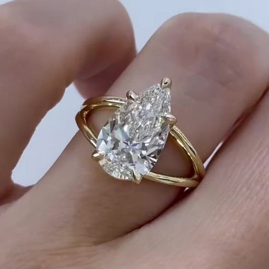 925 Sterling Silver 18K Yellow Gold Plated 5ct Pear Cut Diamond Ring