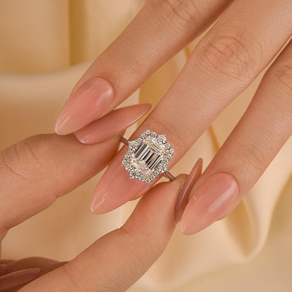3Ct Emerald Cut Halo Ring 925 Silver White Gold