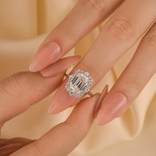 3Ct Emerald Cut Halo Ring 925 Silver White Gold