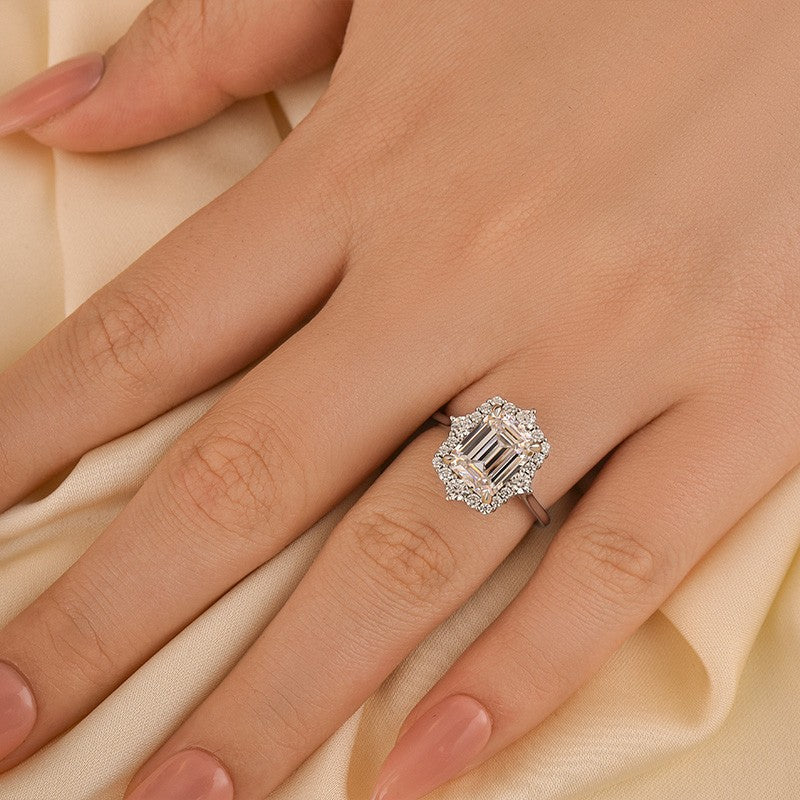3Ct Emerald Cut Halo Ring 925 Silver White Gold