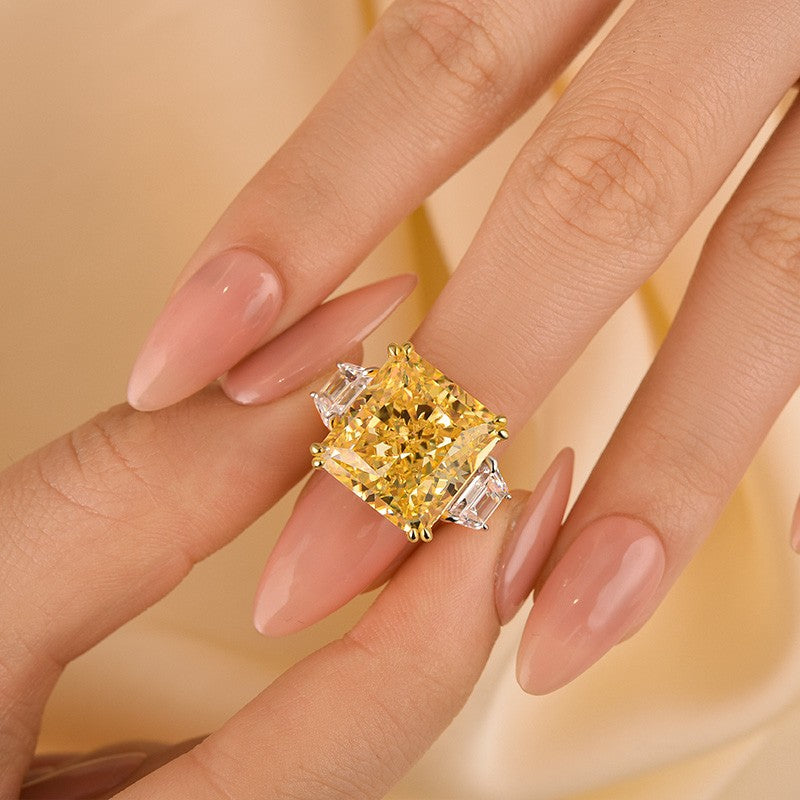 12CT Yellow Diamond Radiant Cut Three Stone Ring Two Tone Gold