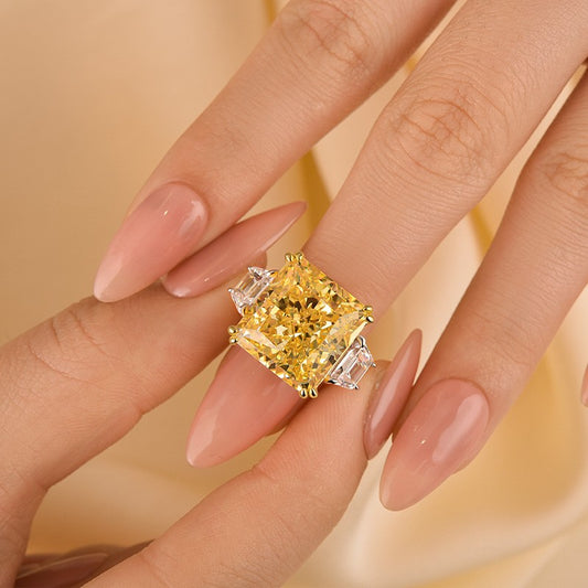 12CT Yellow Diamond Radiant Cut Three Stone Ring Two Tone Gold