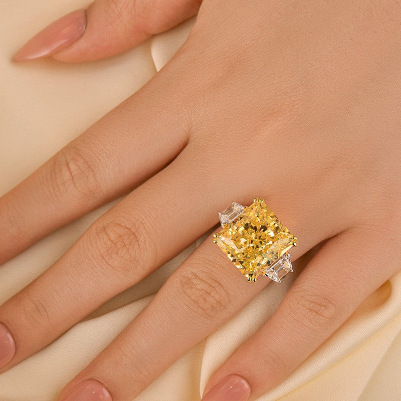 12CT Yellow Diamond Radiant Cut Three Stone Ring Two Tone Gold