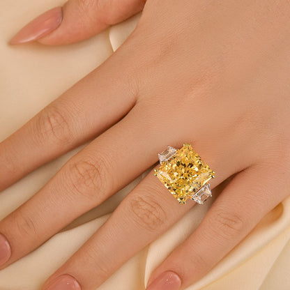 12CT Yellow Diamond Radiant Cut Three Stone Ring Two Tone Gold