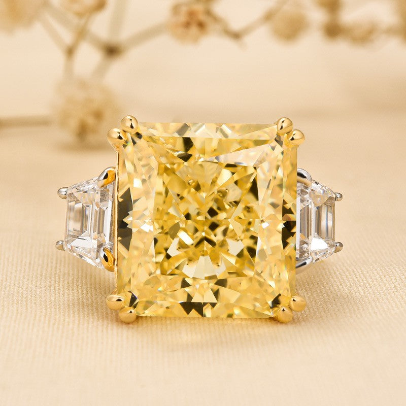 12CT Yellow Diamond Radiant Cut Three Stone Ring Two Tone Gold
