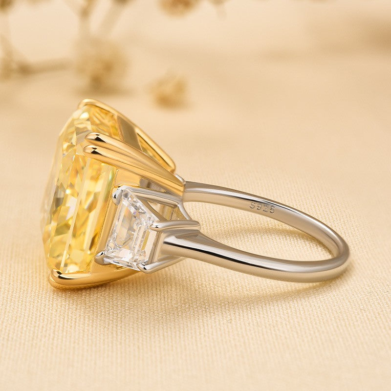 12CT Yellow Diamond Radiant Cut Three Stone Ring Two Tone Gold