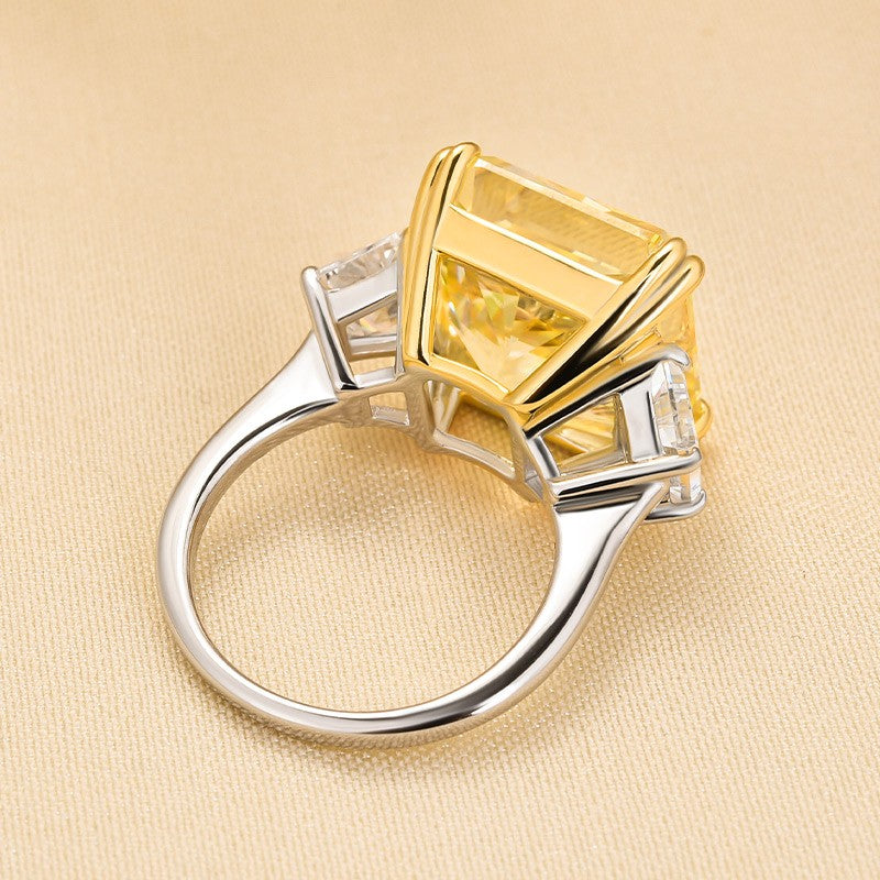 12CT Yellow Diamond Radiant Cut Three Stone Ring Two Tone Gold