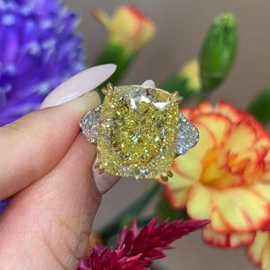 7Ct Yellow Cushion Cut Three Stone Ring 925 Silver Two-Tone