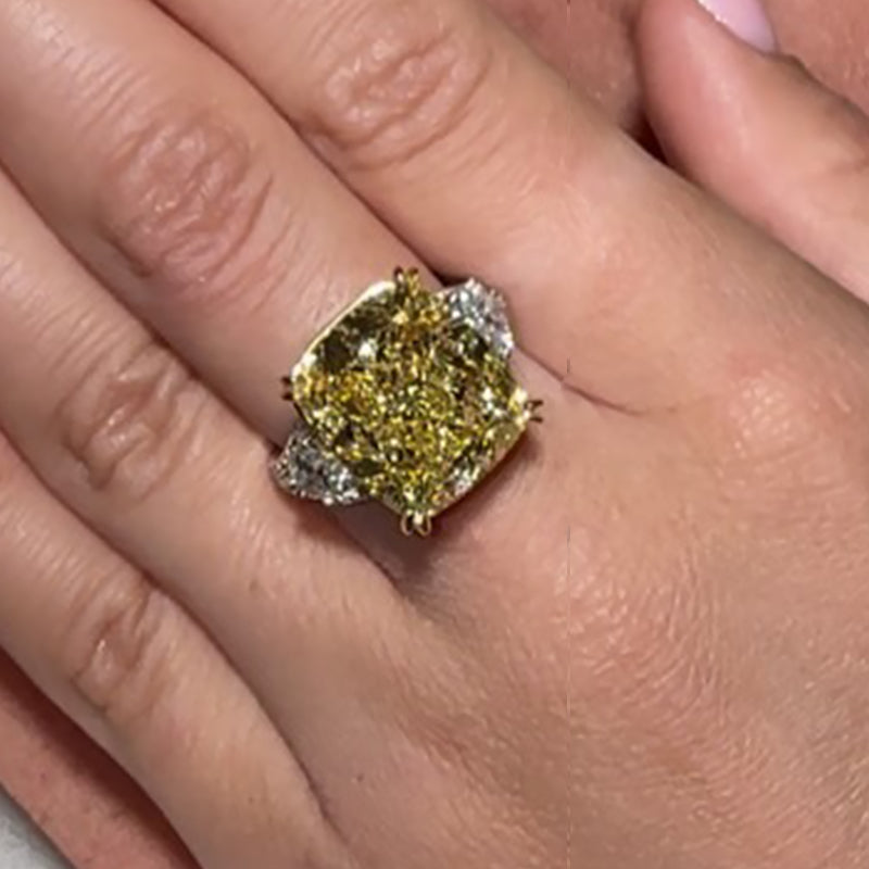 7Ct Yellow Cushion Cut Three Stone Ring 925 Silver Two-Tone