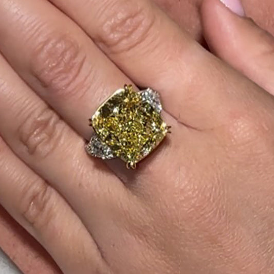 7Ct Yellow Cushion Cut Three Stone Ring 925 Silver Two-Tone