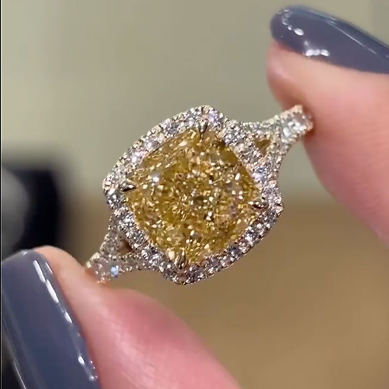 35CT Cushion Cut Yellow Sapphire Ring 925 Silver 18K Gold